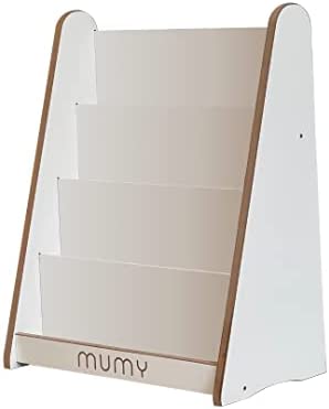 mumy ® easyTALL Estantería triangular montessori con 4 baldas frontales fabricado en Italia con materiales sostenibles de dos tonos Blanco y fibra de madera natural