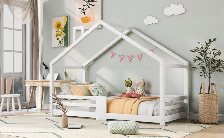 Marco de cama doble para niños, cama doble individual, cama de metal con  valla, dos camas compartidas con techo, cama de suelo Montessori individual