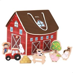 WOOMAX 49371 - Granja de animales de juguete de madera, 9