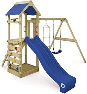 WICKEY Parque Infantil Estructura de Escalada FreeFlyer con Columpio y tobogán Azul, Torre de Escalada Infantil de Exterior con arenero, Escalera y Accesorios de Juego para el jardín