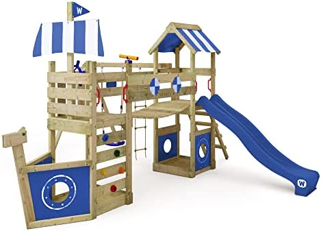WICKEY Parque Infantil StormFlyer con Columpio y tobogán Azul, Torre de Escalada para niños al Aire Libre con arenero, Escalera y Accesorios de Juego para el jardín