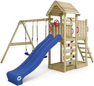 Wickey Parque Infantil de Madera MultiFlyer con Columpio y tobogán Azul, Torre de Escalada de Exterior con Techo, arenero y Escalera para niños