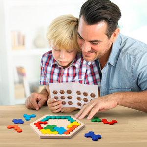 Rompecabezas hexagonal de madera para niños adultos - Bloque de patrón de forma Tangram Rompecabezas Juguete Geometría Lógica