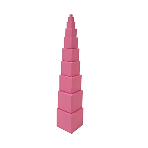 Torre Rosa Montessori, material de 10 cubos de diferentes tamaños y pesos. Madera y tintes naturales. Fabricado en Galicia.